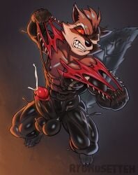 absurd_res anthro balls big_balls bodily_fluids brown_body brown_fur clenched_teeth cum cumshot ejaculation facial_markings fangs front_view fur genital_fluids genitals glans guardians_of_the_galaxy head_markings hi_res humanoid_genitalia humanoid_penis male mammal markings marvel mask_(marking) muscular muscular_anthro muscular_male penis procyonid raccoon red_eyes rocket_raccoon ryokusetteh slime solo struggling symbiote tail teeth thick_tail venom_(marvel)