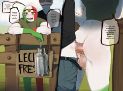 2boys belt clothed clothed_sex clothing countryhumans dafriix dialogue dialogue_bubble farm gay male male/male male_focus male_only mexico_(countryhumans) milk_pail patreon patreon_leak spanish spanish_dialogue spanish_text text text_bubble unbuckled_belt united_states_of_america_(countryhumans)