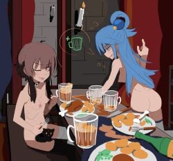 2girls aqua_(konosuba) ass beer blue_hair breasts butt_crack choker closed_eye dinner drunk embarrassed feline female female_only food kono_subarashii_sekai_ni_shukufuku_wo! konosuba kurokimoko looking_at_viewer megumin multiple_girls nipples short_hair small_breasts smug speech_bubble tongue_out