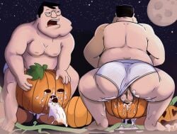 american_dad backsack black_hair cum dilf halloween heathenpixel male_focus male_only masturbation orgasm outdoors penis pumpkin stan_smith