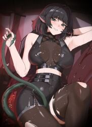 absurdres animal_ears arm_up armpits bare_shoulders black_hair black_pantyhose black_shirt black_shorts black_thighhighs blush breasts commentary couch crop_top female green_eyes high-waist_shorts highres jane_doe_(zenless_zone_zero) large_breasts long_hair looking_at_viewer midriff mouse_ears mouse_girl mouse_tail multicolored_hair no_jacket nvl on_couch pantyhose parted_lips red_hair shirt shorts sidelocks single_leg_pantyhose single_thighhigh sitting smile solo tail thighhighs torn_clothes torn_pantyhose torn_thighhighs two-tone_hair very_long_hair wet zenless_zone_zero