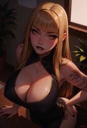 ai_generated bent_over big_breasts blonde_hair blush chinese_clothes chinese_dress choker civitai eyeliner freckles goth goth_futa goth_girl hi_res high_resolution highres hime_cut horny office pleasure_face red_eyes sarcos_ seductive seductive_look seductive_smile serena(original) sweat tattoo