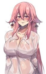 1girls big_breasts blush breasts female female_focus female_only genshin_impact hinghoi huge_breasts long_hair looking_at_viewer pink_hair purple_eyes sweat sweatdrop sweating tagme wet wet_body wet_clothes wet_skin yae_miko