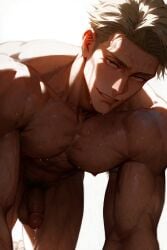 1boy abs ai_generated bara blonde_hair completely_nude erection goldenfieldszho jujutsu_kaisen kento_nanami large_pectorals looking_at_viewer male_focus male_pubic_hair muscular muscular_male navel nipples nude pectorals penis precum pubic_hair seductive_smile short_hair smile solo sweat testicles thighs