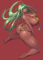 1girls ass barefoot big_ass big_breasts big_thighs bikini blue_eyes breasts busty dark-skinned_female dark_elf dark_skin elf elf_ears elf_female elf_girl female female_only green_hair gurimjang huge_ass huge_breasts huge_thighs large_ass large_breasts large_thighs long_hair original original_character swimsuit thick_thighs thighs voluptuous