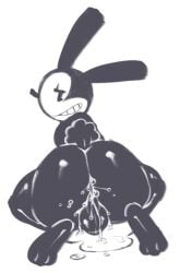 anthro anus ass balls big_butt black_balls black_body black_eyes black_fur black_penis bodily_fluids bubble_butt cum cum_drip cum_inside cum_on_butt cum_pool disney dripping fur genital_fluids genitals hi_res huge_butt kneeling lagomorph leporid looking_back looking_pleasured male male_focus mammal oswald_(character) oswald_the_lucky_rabbit penis rabbit saltomo simple_background smile smiling_at_viewer solo solo_focus tail teapot_(body_type) thick_thighs white_background white_body white_fur