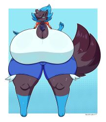 anthro big_breasts black_fur blue_fur breasts cleavage exaggerated_anatomy female furry giant_breasts huge_breasts huge_thighs hyper_breasts pokemon pokemon_(species) rule_63 shinyillusionz tagme tail thick_thighs thighs tits wide_hips zeke_the_zorua