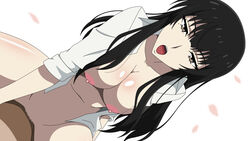 areolae black_eyes black_hair breasts censored cowgirl_position female highres kujou_sakurako_(sakurako) large_breasts legs long_hair looking_at_viewer lying mole mosaic_censoring navel nipples no_bra no_panties open_clothes open_mouth penetration petals pussy sakurako-san_no_ashimoto_ni_wa_shitai_ga_umatteiru sex simple_background sitting sitting_on_person solo_focus thighs vaginal_penetration