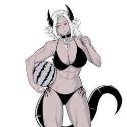 1girls abs athletic_female big_breasts bikini black_bikini black_swimsuit breasts demon demon_girl demon_horns demon_tail female female_only horns monochrome muscular muscular_female pcmaniac88 pendant popsicle shoulder_length_hair side-tie_bikini swimsuit tail tomboy toned toned_female watermelon white_background