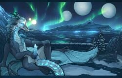 aurora_(phenomenon) detailed_background dragon emthedragoneye erection feral genitals hi_res icewing_(wof) male mythological_creature mythological_scalie mythology nidhoggr night outside penis scalie seawing_(wof) solo wings_of_fire