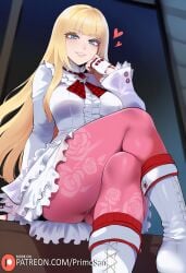 ai_generated blonde_hair blue_eyes blunt_bangs boots crossed_legs emilie_de_rochefort frilled_dress frills from_below gloves long_hair looking_at_viewer medium_breasts pantyhose pink_pantyhose primosan pussy_juice sitting smile tekken tekken_7