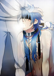 3boys abs blindfold blue_hair collar dramatical_murder drooling fellatio hair leash male_only multiple_boys muscle navel necktie nipples nitro+_chiral nude oral pecs penis saliva seragaki_aoba skinny yaoi