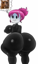 ass_focus big_ass big_breasts big_thighs black_suit bubble_butt confused feline female female_only furu_flami guest_(roblox) hyper_ass latex_suit meme ponytail purple_hair roblox simple_background smiling think_bubble white_skin