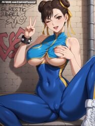 ai_generated aindroidparanoid ass ass_focus big_ass big_butt blue_clothes bodysuit brown_eyes brown_hair buns butt_focus cameltoe chun-li chun-li_(fortnite) closed_eyes covered_nipples fat_ass fat_butt female female_only fighter fit_female grabbing_own_breast horny_female huge_ass huge_butt large_ass large_butt legs mature mature_female nipples one_closed_eyes open_mouth peace_sign sexy_pose short_hair sitting spread_legs stable_diffusion street_fighter thick_ass thick_legs thick_thighs tight_clothing tight_fit wink