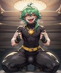 ai_generated black_clothing bulge bulge_through_clothing ezreal fangs gloves green_hair heartsteel_ezreal heartsteel_series league_of_legends male_only musk_clouds nipples_visible_through_clothing royalcockwarmer see-through smiling smiling_at_viewer tagme thick_thighs tight_clothing tight_fit tight_pants tongue_out turtleneck wide_hips