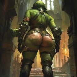 ai_generated armored_female ass_focus big_ass big_breasts darkinea_realm fat fat_ass female female_focus green_skin humanoid larger_female orc orc_female revealing_clothes solo solo_female thick_thighs