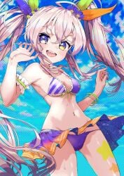 d4dj dripping dyna_(artist) flower_in_hair heterochromia ichihoshi_lumina long_hair robot_girl skirt small_breasts stars swimsuit water