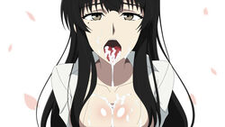 black_eyes black_hair breasts cum cum_in_mouth cum_on_body cum_on_breasts cum_on_upper_body facial female female highres kujou_sakurako_(sakurako) large_breasts long_hair looking_at_viewer mole open_clothes open_mouth petals sakurako-san_no_ashimoto_ni_wa_shitai_ga_umatteiru simple_background solo upper_body