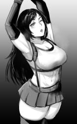 abs acca9nine armpits arms_above_head arms_up big_breasts black_hair black_skin crop_top exposed_midriff final_fantasy midriff one_eye_closed open_mouth skirt sweat sweaty thick_thighs thighhighs thighs tifa_lockhart white_shirt