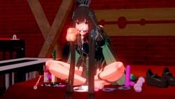 3d black_hair censored cum cum_in_mouth feet green_hair grey_eyes penis punishing:_gray_raven qu_(punishing:_gray_raven)