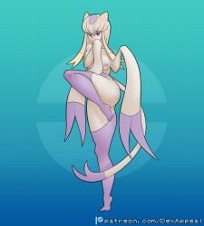 blonde_hair breasts covering covering_mouth dex_appeal eyeshadow feet female fighting_pose generation_5_pokemon hair hi_res humanoid long_hair makeup mammal mienshao nintendo nipples no_humans nude on_one_leg pokemon pokemon_(species) pokemorph pose purple_body raised_leg red_eyes simple_background solo standing tail tan_body toes