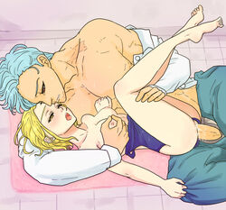 1boy 1girls areolae ban_(nanatsu_no_taizai) blonde_hair breast_grab breasts clothes elaine_(nanatsu_no_taizai) female legs_up male nanatsu_no_taizai nipples penetration penis red_eyes saliva sex silver_hair smaller_female yellow_eyes