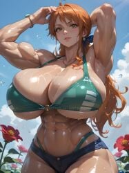 1girls abs ai_generated arms_raised big_breasts bikini_top cleavage curvaceous curvy_female daisy_dukes earrings fanartasm female female_only fibonacci_sequence flowers large_breasts light-skinned_female light_skin looking_at_viewer muscular_arms muscular_female muscular_thighs nami nami_(one_piece) one_piece orange_hair standing thick thick_thighs thong thunder_thighs toned_female voluptuous voluptuous_female wide_hips