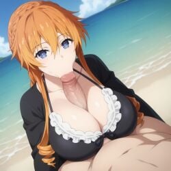 1boy 1girls ai_generated beach big_breasts bikini black_bikini blue_eyes breasts date_a_live fellatio female female_focus huge_breasts large_breasts looking_pleasured orange_hair paizuri penis yamai_yuzuru