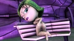 1girls 3d anus artist_request ass breasts chair disgust_(inside_out) from_behind green_eyes green_hair green_nipples green_pussy green_skin inside_out pink_lips presenting_ass pussy