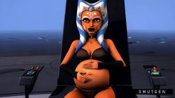 3d ahsoka_tano ai_generated artist_name black_lingerie black_lipstick choker clone_wars color corrupted corruption evil_eyes eye_contact interspecies_impregnation interspecies_pregnancy lingerie looking_at_viewer mascara on_model orange_skin outie_navel pregnant pregnant_belly sexy_outfit sith sith_eyes smutgen star_wars star_wars:_the_clone_wars throne togruta villainess