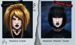 bangs before_and_after black_hair blonde_hair blue_eyes bob_cut choker female female_focus female_only goth goth_girl lipstick long_hair madeline_zoldak makeup necklace pale-skinned_female pale_skin portrait pumpkinsinclair tagme yearbook