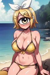 1girl ai_generated beach bikini blonde_hair blush cyclops female hairpin happy huge_breasts kagamine_rin ocean short_hair smile vocaloid white_bow white_hair_bow yellow_bikini