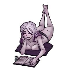 boobs_and_butt_pose dbd dead_by_daylight ecchi goth grimoire laying_down laying_on_stomach panties purple_hair reading sable_ward solo_female witch