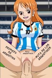 1boy 1boy1girl 1girls ai_generated argentina argentine_flag artist_request big_cock big_dick big_penis brown_eyes clitoris female football football_uniform large_hair male medium_breasts nami nami_(one_piece) nude_male one_piece orange_hair owned_by_argentina partially_clothed raceplay sex smile smiling soccer soccer_uniform spanish_dialogue spanish_text stadium stadium_background vagina vaginal_penetration vaginal_sex