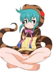 animal_hood aqua_eyes aqua_hair bad_id bad_pixiv_id bagua_zhang bare_legs barefoot blush bottomless commentary_request feet female full_body gradient_ribbon hair_between_eyes hood hood_up hoodie indian_style jitome kemono_friends long_sleeves looking_at_viewer looking_to_the_side neck_ribbon pink_ribbon pussy ribbon short_hair simple_background sitting snake_hood snake_tail solo striped_clothes striped_hoodie striped_tail tail toes tsuchinoko_(kemono_friends) uncensored v-shaped_eyebrows white_background