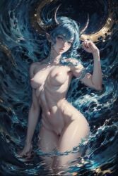 abstract_background ai_generated astral_girl beautiful_background blue_eyes blue_hair breasts demon ethereal_hair fantasy female goddess horns naked navel nude painting sea siren