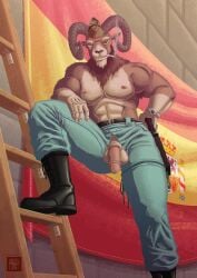 anthro balls boots bottomwear bovid caprine cigarette cigarette_in_mouth clock clothed clothing footwear genitals goat hand_on_leg hi_res horn ladder male mammal military military_uniform nipples object_in_mouth open_bottomwear open_clothing open_pants pants penis shirtless shirtless_male shoes smile smiling_at_viewer smirk smirking_at_viewer smoking solo spanish_flag stationary_tourist uniform wall_(structure) watch wristwatch zipper_down