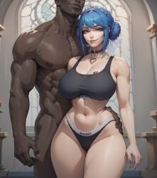 1boy 1girls ai_generated blacked blacked_clothing blue_eyes blue_hair breasts choker crystal_rose_series crystal_rose_sona dark-skinned_male dark_skin faceless_male female interracial league_of_legends light-skinned_female light_skin male muscular_male narrow_waist panties qos qos_tattoo queen_of_spades queensphynx riot_games smile smiling_at_viewer smirk sona_buvelle sports_bra standing straight wide_hips