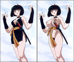 1girls artist_request bare_legs black_hair breasts choker cleavage edit eyeshadow female female_only hairband huge_breasts inuyasha japanese_clothes kimono lipstick makeup nipples nude official_art pubic_hair red_eyes short_hair short_kimono solo sweat sword weapon yura_of_the_hair