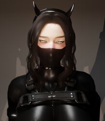 3d 3d_(artwork) black_bodysuit black_hair black_headwear black_horns black_mask blender blender_(software) blender_eevee bodysuit cat_eyes choker cross_earrings cross_necklace earrings eyeliner face_mask hair_bun harness headband high_heels horns huge_breasts lady_x_(osimai) lip_piercing lip_ring long_boots long_gloves looking_away mask masked_female mole mole_above_mouth mole_under_eye necklace nose_piercing nose_ring original_character osimai silver_choker skin_tight vampire_teeth wavy_hair yellow_eyes