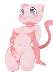 anthro areola balls biped blue_eyes blush breasts censor_bar erection generation_1_pokemon genitals gynomorph intersex legendary_pokemon mew_(pokemon) navel nintendo nipples nude penis pink_body pink_tail pokemon pokemon_(species) simple_background smile solo tail umisag85rabb99 white_background