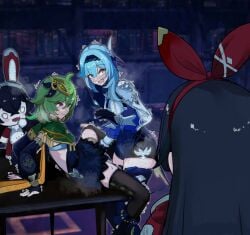 3girls ahoge amber_(genshin_impact) animal_ears baron_bunny_(genshin_impact) black_hairband blue_hair blue_necktie blush brown_hair capelet caught collei_(genshin_impact) dress eula_(genshin_impact) fingering genshin_impact gloves green_hair hair_between_eyes hair_ornament hair_ribbon hairband highres library long_hair long_sleeves lucifina_006 medium_hair multiple_girls necktie on_table open_mouth purple_eyes red_ribbon ribbon spread_legs steaming_body table thighhighs thighs trembling walk-in yellow_eyes yuri