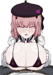 1boy 1girls ayla_(punishing:_gray_raven) beret cum cum_on_breasts cumshot female huge_breasts large_breasts paizuri pale_skin penis pink_eyes pink_hair punishing:_gray_raven robot_girl