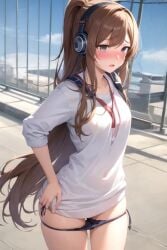 1female 1girls ai_generated artist_request blush brown_eyes brown_hair d.va light-skinned_female light_skin long_hair medium_breasts open_mouth overwatch panties_down ribbon stable_diffusion student