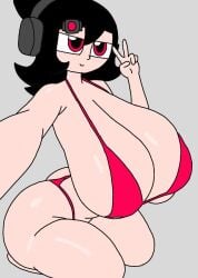 1girls accessory big_breasts bikini black_hair breasts breasts_bigger_than_head headphones hips hyper_breasts large_ass large_breasts large_hips looking_at_viewer red_bikini red_eyes scsralet skibidi_school thick_thighs thighs voluptuous watching_camera wide_hips