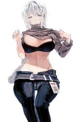 1girls black_bra blue_eyes bra egopasta faust_(limbus_company) female large_breasts limbus_company medium_hair partially_clothed partially_clothed_female project_moon sweater sweater_lift sweater_pull white_hair