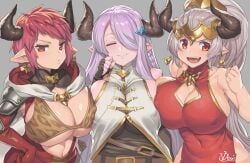 10s 3girls aliza_(granblue_fantasy) aliza_for_gbvs bare_shoulders bra braid breasts china_dress chinese_clothes cleavage closed_eyes closed_mouth clothing_cutout covered_navel draph draph_race_(granblue_fantasy) earrings elbow_gloves erect_nipples_under_clothes female female_only fingerless_gloves gloves granblue_fantasy grey_background hair_ornament hair_over_one_eye hand_on_hip horns huge_breasts jewelry large_breasts long_hair looking_at_viewer multiple_girls narmaya_(granblue_fantasy) navel nipple_bulge nipples nipples_visible_through_clothing obui open_mouth pink_hair pointy_ears ponytail red_eyes red_hair short_hair simple_background single_braid smile sturm_(granblue_fantasy) tied_hair underboob very_long_hair