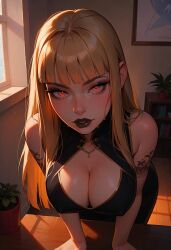 ai_generated bent_over big_breasts blonde_hair blush chinese_clothes chinese_dress choker civitai eyeliner freckles goth goth_futa goth_girl hi_res high_resolution highres hime_cut horny office pleasure_face red_eyes sarcos_ seductive seductive_look seductive_smile serena(original) sweat tattoo