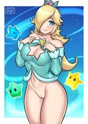 1girls blonde_hair blue_eyes boob_window bottomless breasts cleavage cleavage_cutout crown earrings female hair_over_one_eye long_hair luma mario_(series) navel nintendo princess_rosalina pussy redjet small_crown tagme thighs