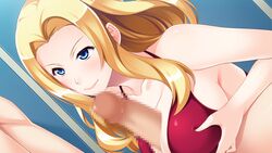 1boy amami_taito bare_shoulders blonde_hair blue_eyes blush breast_squeeze breasts censored female game_cg highres hitozuma_swimming_club ino interheart kayashima_aki large_breasts long_hair looking_at_another mosaic_censoring paizuri penis smile solo_focus straight swimsuit